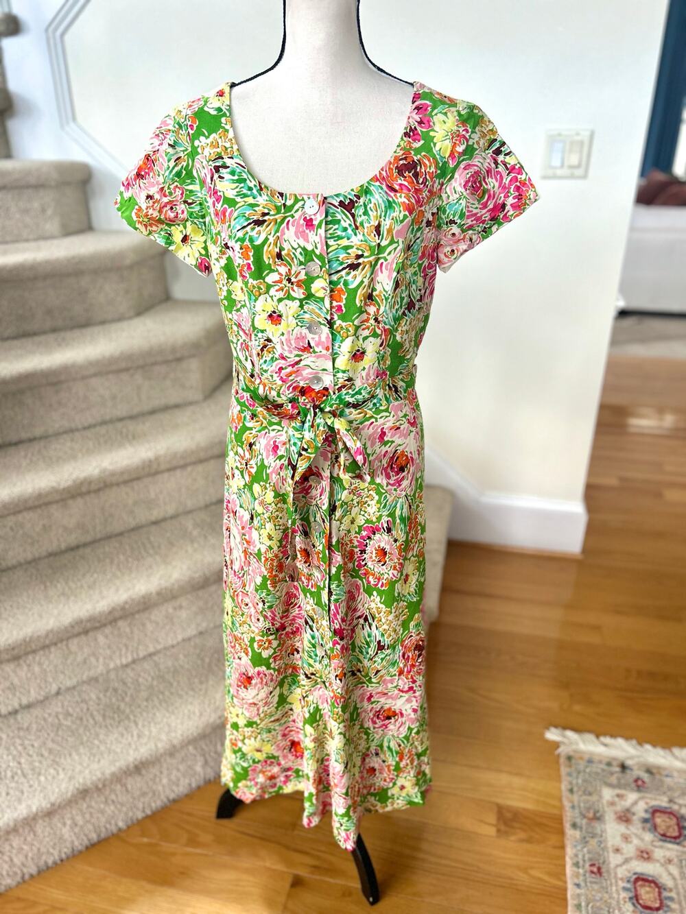 Vintage 90s Coldwater Creek Green Pink Floral Linen Button Front Midi Dress